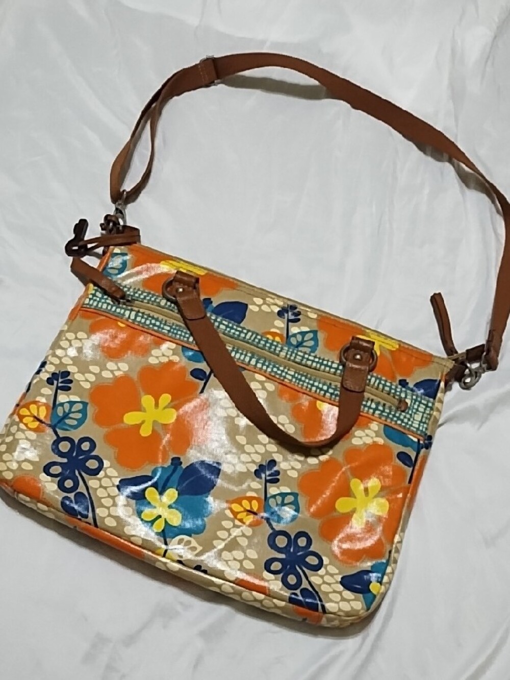 Fossil Vintage Floral Coated Canvas Crossbody Tote in Orange & Tan NWOT - Picture 2 of 8
